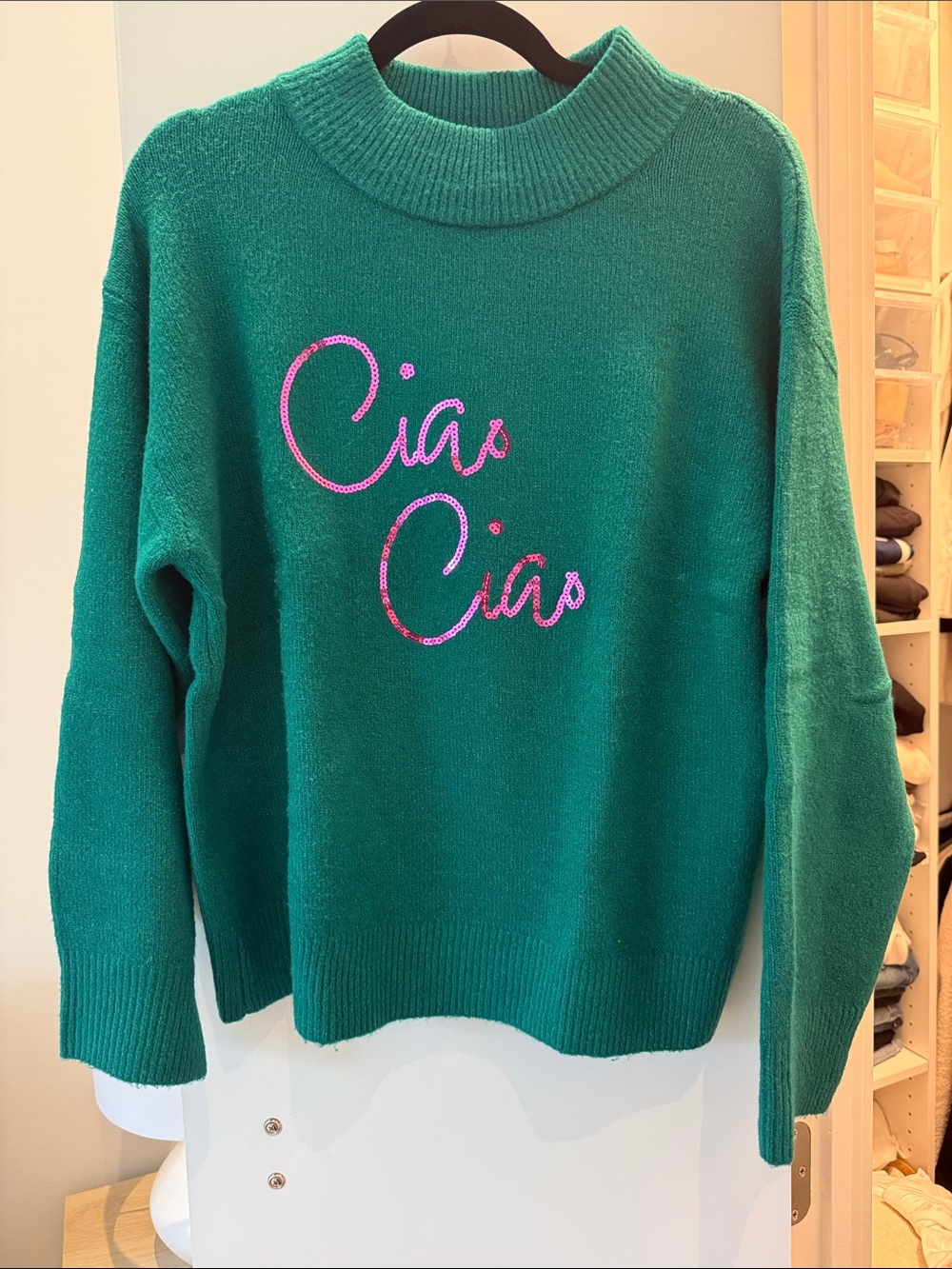 Emerald Cowl-Neck Sweater with Pink Sequin “Ciao Ciao” Script